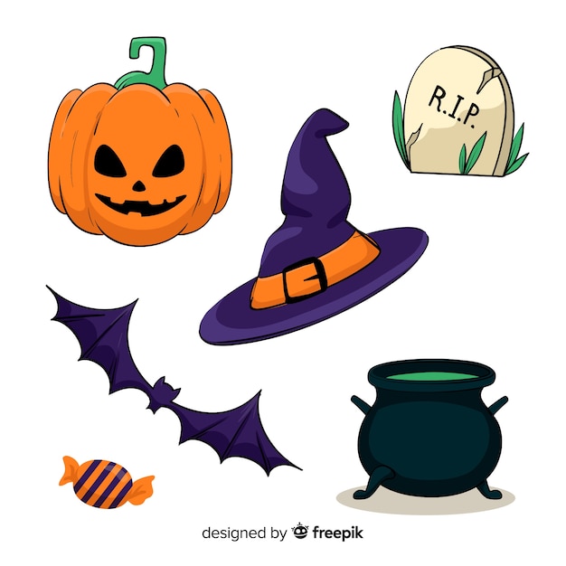 Gratis vector hand getekend halloween set schattige elementen