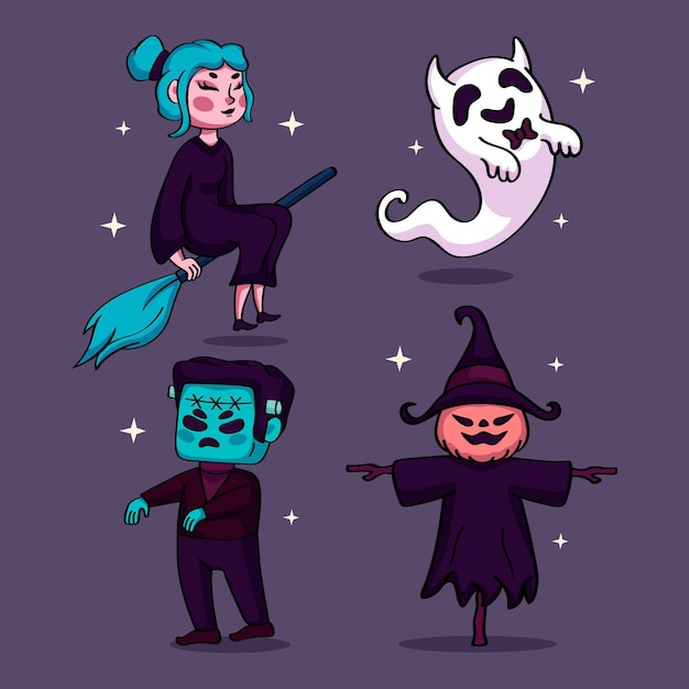 Gratis vector hand getekend halloween tekenset