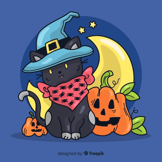 Gratis vector hand getekend halloween zwarte kat