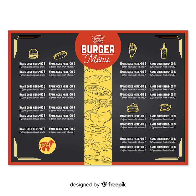 Hand getekend hamburger restaurant menusjabloon