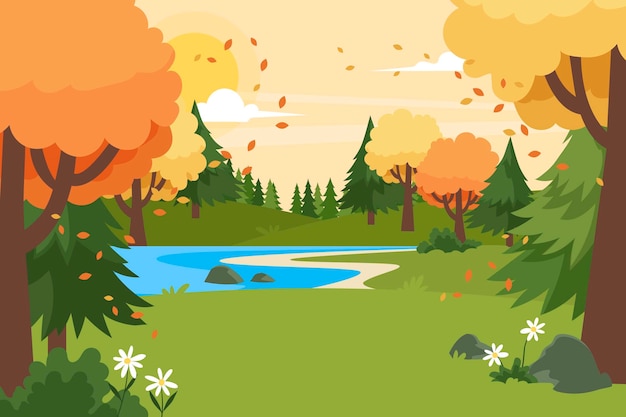 Gratis vector hand getekend herfstlandschap met meer