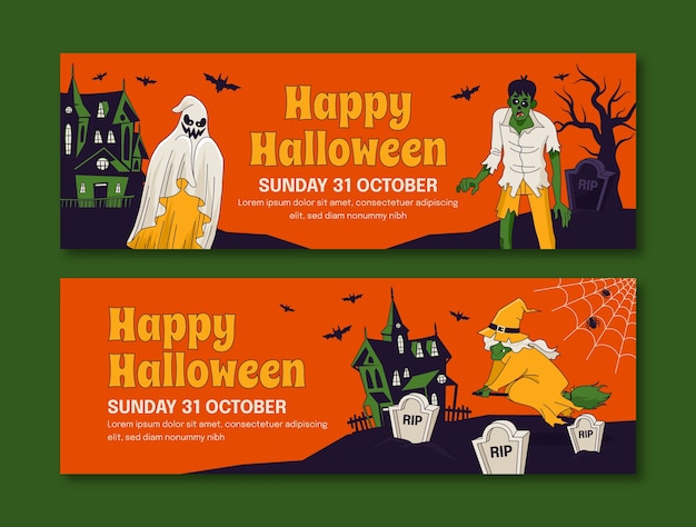 Gratis vector hand getekend horizontaal bannermalplaatje voor de viering van het halloween-seizoen