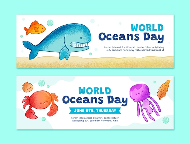 Gratis vector hand getekend horizontaal spandoeksjabloon voor wereld oceanen dag