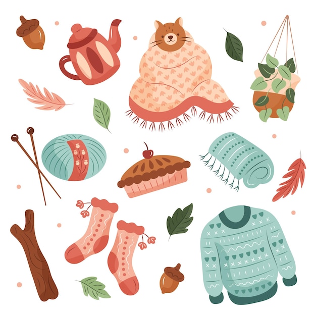 Gratis vector hand getekend hygge-stickerspakket