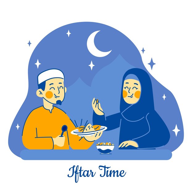 Hand getekend iftar illustratie met mensen die een maaltijd hebben