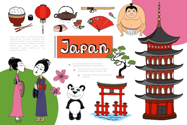 Hand getekend japan elementen samenstelling illustratie