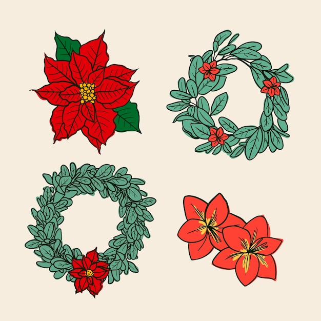 Gratis vector hand getekend kerst bloem & krans collectie