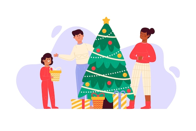 Gratis vector hand getekend kerst familie scène