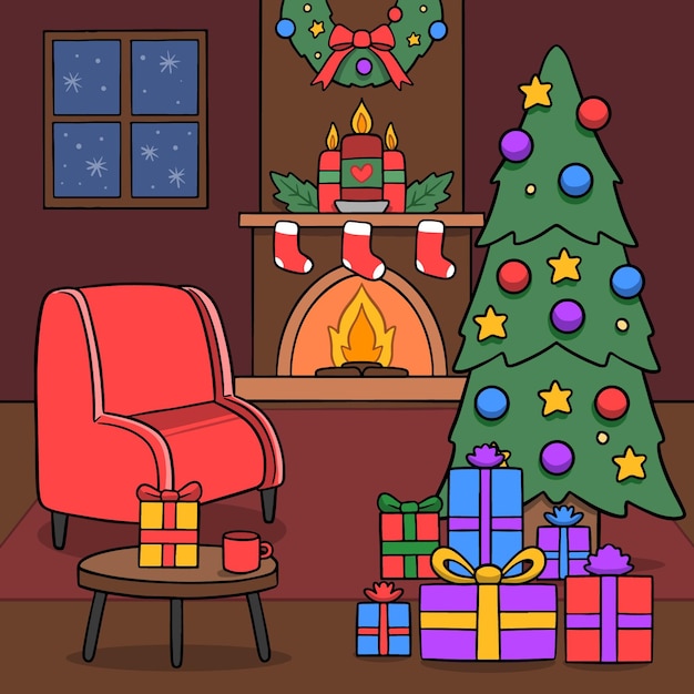 Hand getekend kerst open haard scène