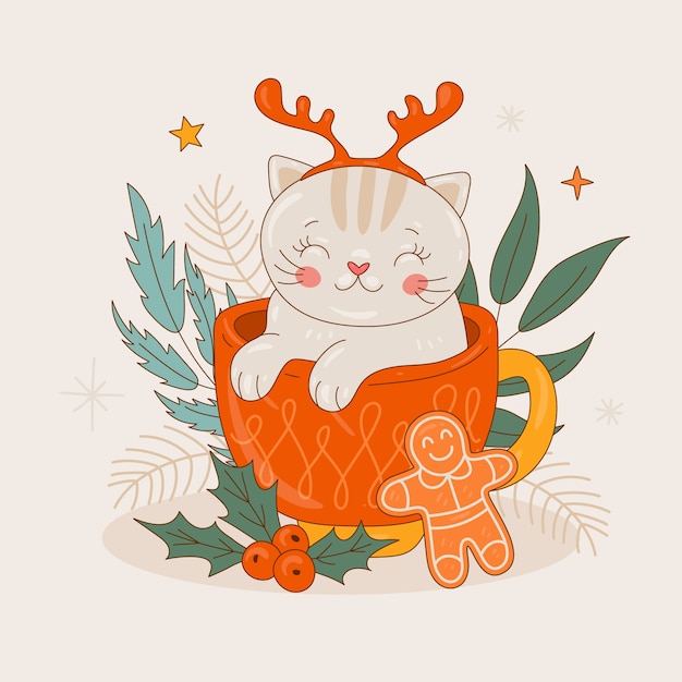 Gratis vector hand getekend kerstseizoen illustratie met cartoon kat