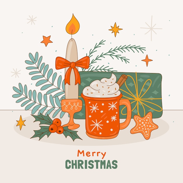 Hand getekend kerstseizoen illustratie met warme chocolademelk en cadeau
