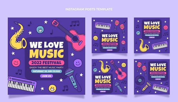 Gratis vector hand getekend kleurrijk muziekfestival ig post