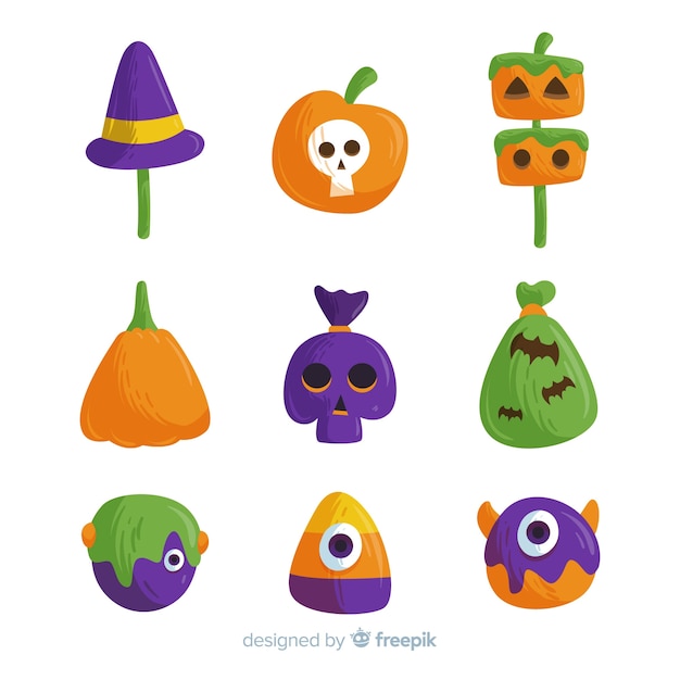 Gratis vector hand getekend kleurrijke halloween snoep collectie