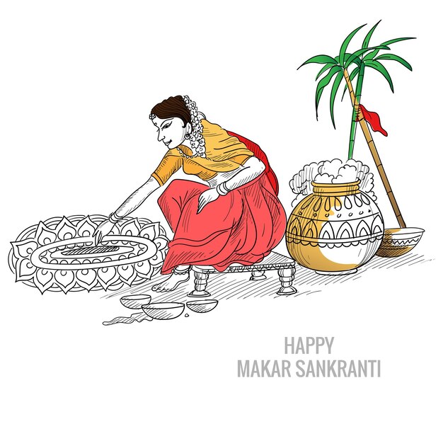 Hand getekend makar sankranti mooi schetsfestival