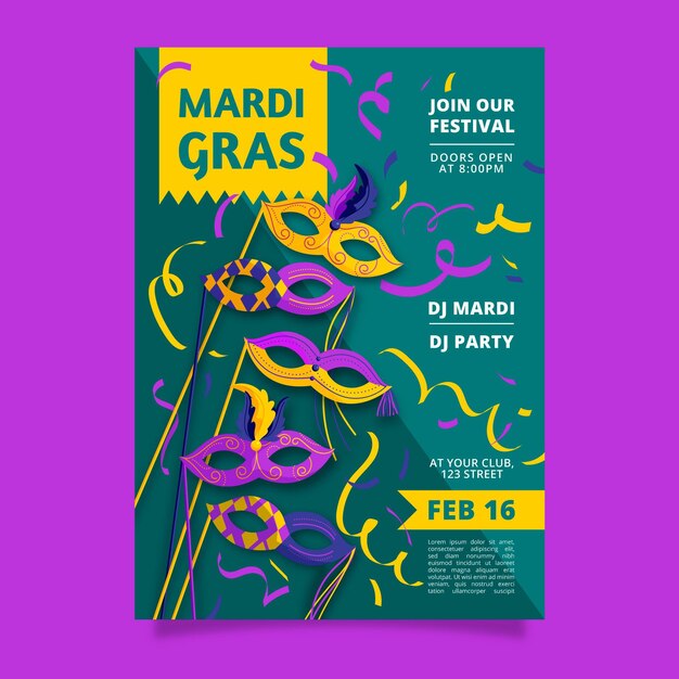 Hand getekend mardi gras flyer-sjabloon