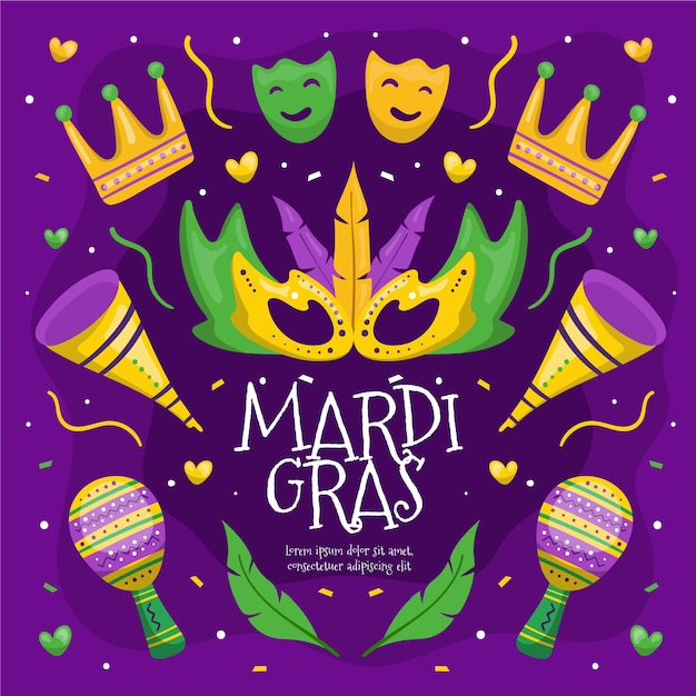 Gratis vector hand getekend mardi gras kleurrijke elementen