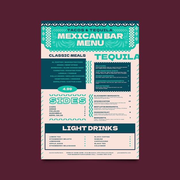 Gratis vector hand getekend mexicaanse bar menusjabloon