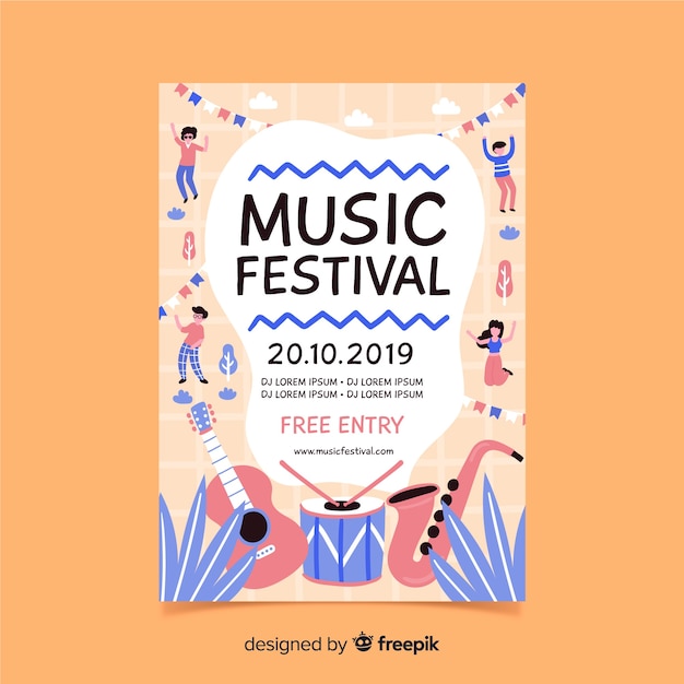 Gratis vector hand getekend muziek poster sjabloon