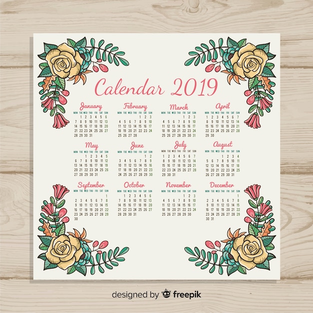 Gratis vector hand getekend nieuwjaar 2019 kalender