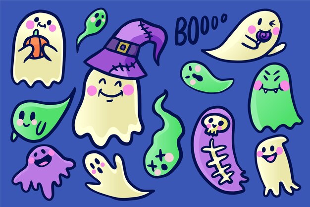 Hand getekend ontwerp halloween ghost pack