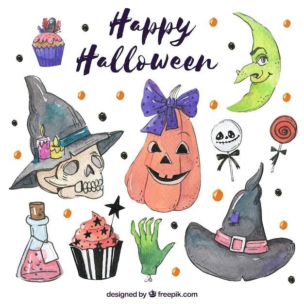 Gratis vector hand getekend pak halloween elementen