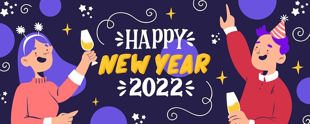 Gratis vector hand getekend plat gelukkig nieuwjaar 2022 horizontale banner