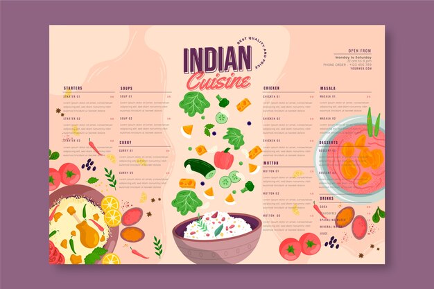 Hand getekend plat ontwerp Indiaas menu