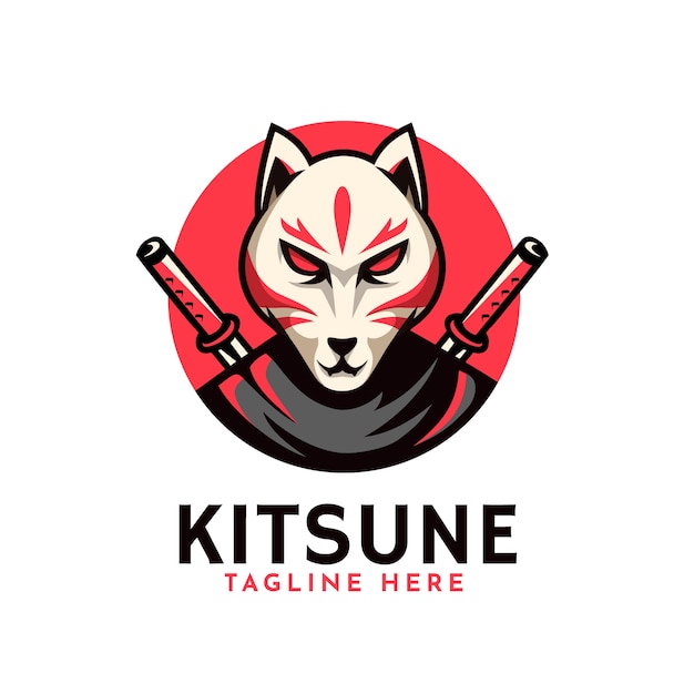 Hand getekend plat ontwerp kitsune-logo