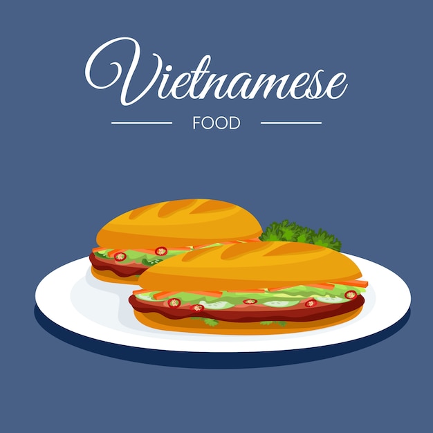 Hand getekend plat ontwerp Vietnamees eten illustratie