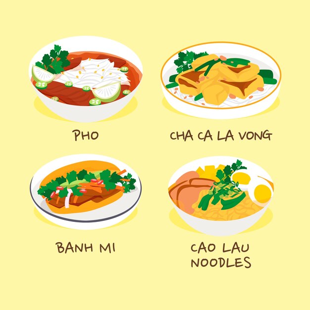 Hand getekend plat ontwerp Vietnamees eten illustratie