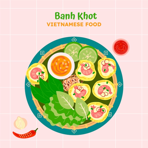 Hand getekend plat ontwerp Vietnamees eten illustratie