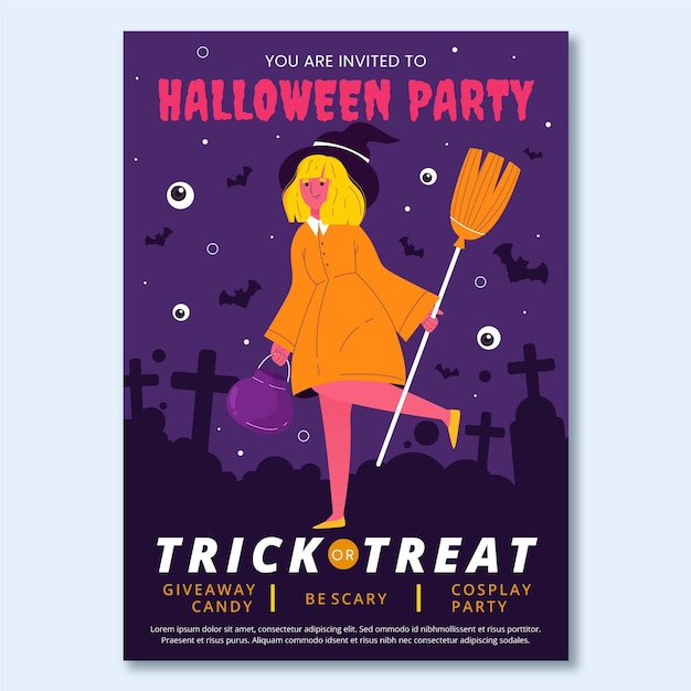Hand getekend plat verticale halloween-feest flyer-sjabloon