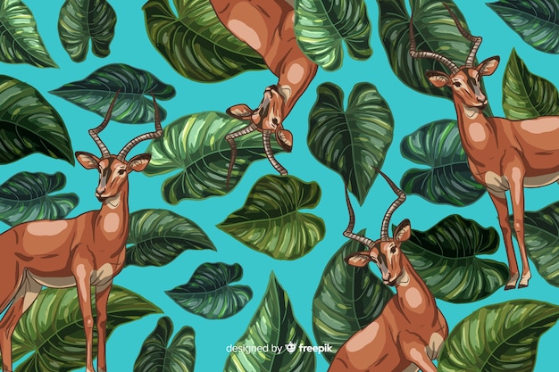 Gratis vector hand getekend realistische tropische planten en dieren achtergrond