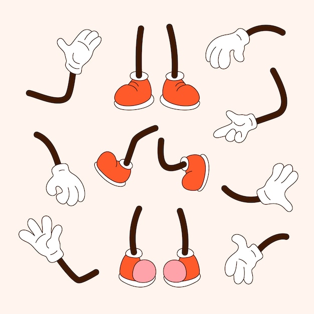 Hand getekend retro cartoon hand en voeten illustratie