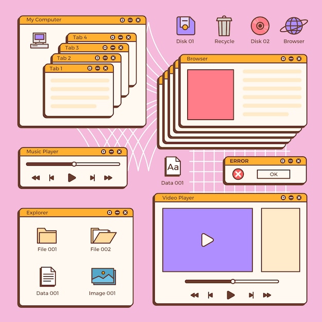 Gratis vector hand getekend retro computer windows-element