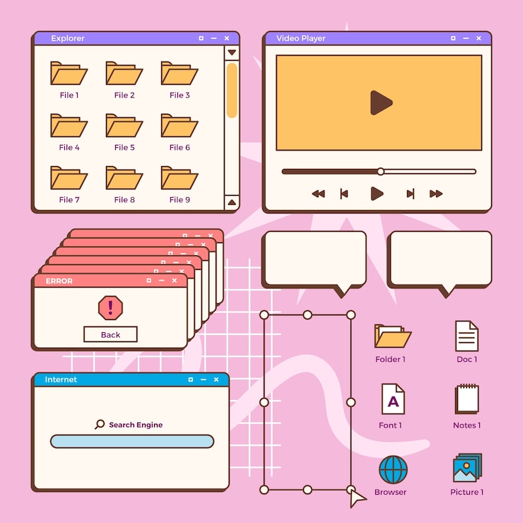 Gratis Vector hand getekend retro computer windows-element