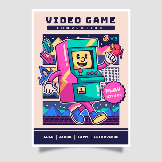 Gratis vector hand getekend retro gaming poster sjabloon