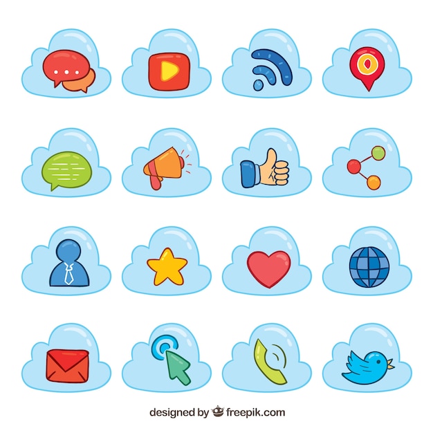 Gratis vector hand getekend sociale media-elementen in een wolk-vorm