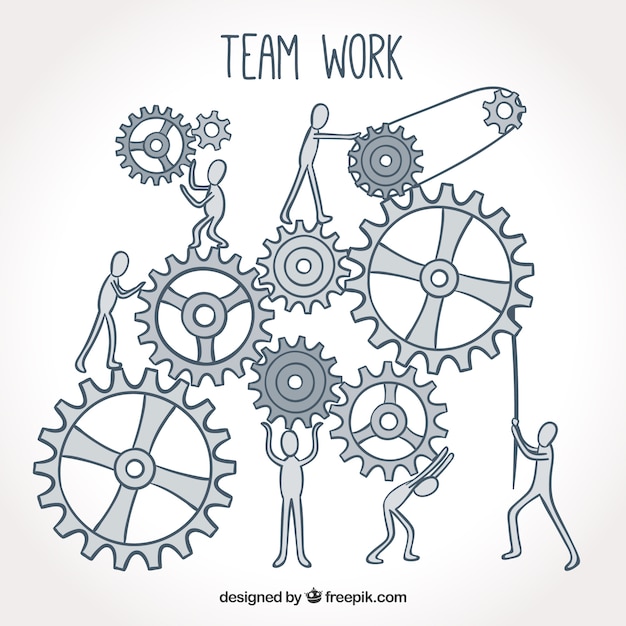 Gratis vector hand getekend teamwerk met machines