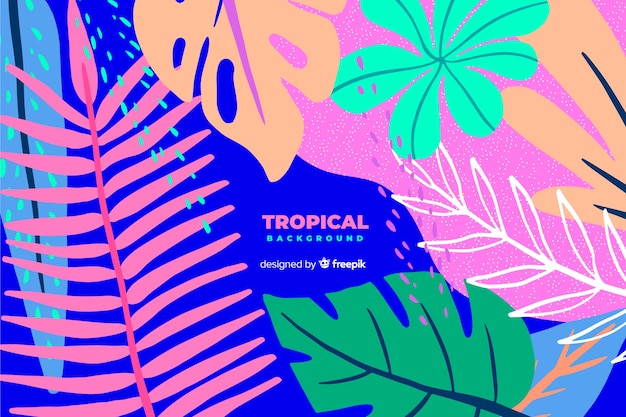 Gratis vector hand getekend tropische kleurrijke bladeren achtergrond