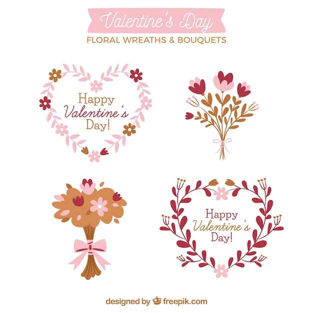 Gratis vector hand getekend valentijnsdag bloemenkransen & boeketten