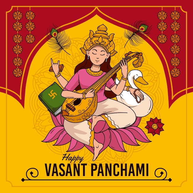 Gratis vector hand getekend vasant panchami viering illustratie