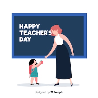 Hand getekend wereld leraren dag met leraar en leerling