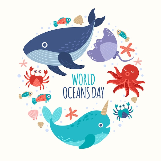 Hand getekend wereld oceanen dag illustratie