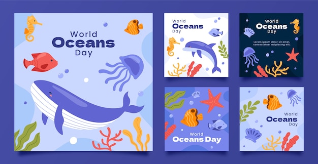 Gratis vector hand getekend wereld oceanen dag instagram posts-collectie