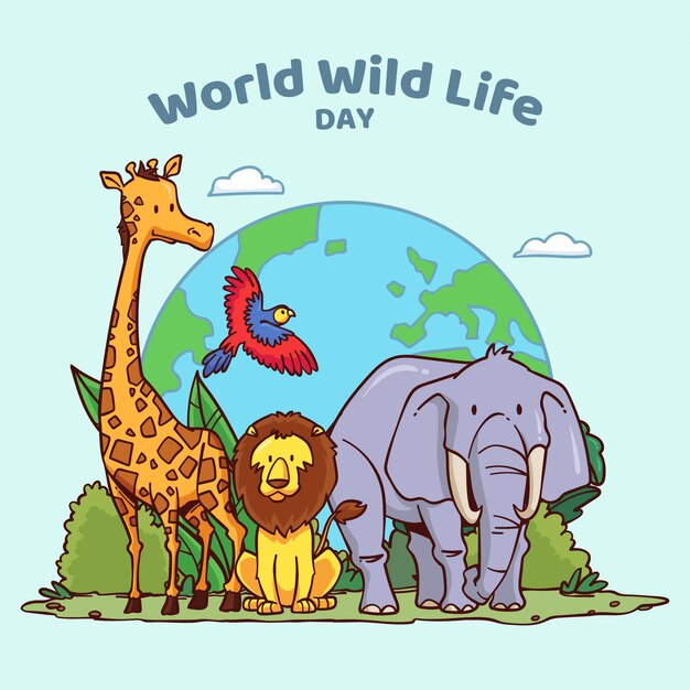 Hand getekend wereld wildlife dag illustratie