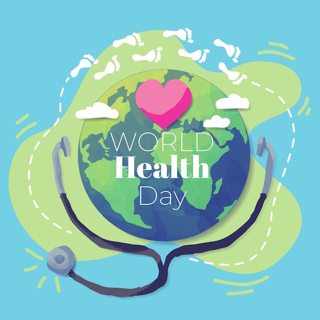 Hand getekend wereldgezondheidsdag met aarde en stethoscoop