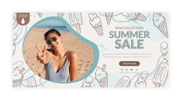 Gratis vector hand getekend zomer verkoop banner met foto