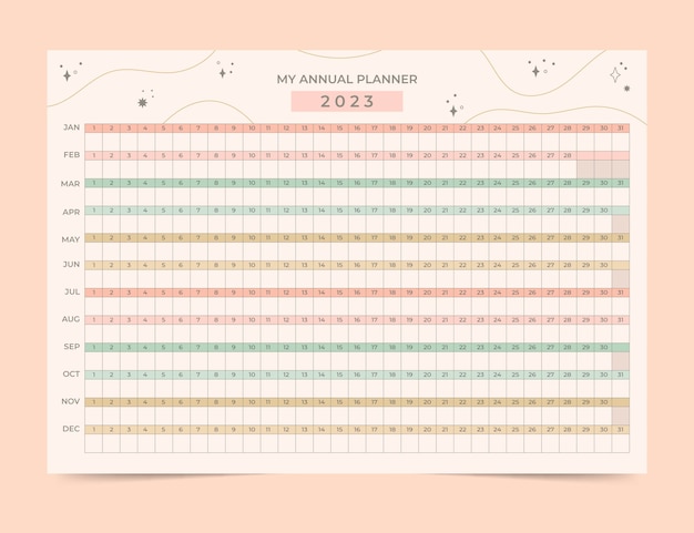 Hand getekende 2023 jaarlijkse muur planner kalendersjabloon