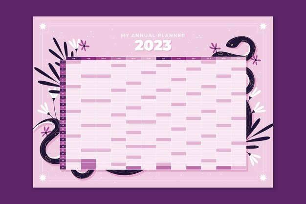 Hand getekende 2023 jaarlijkse muur planner kalendersjabloon